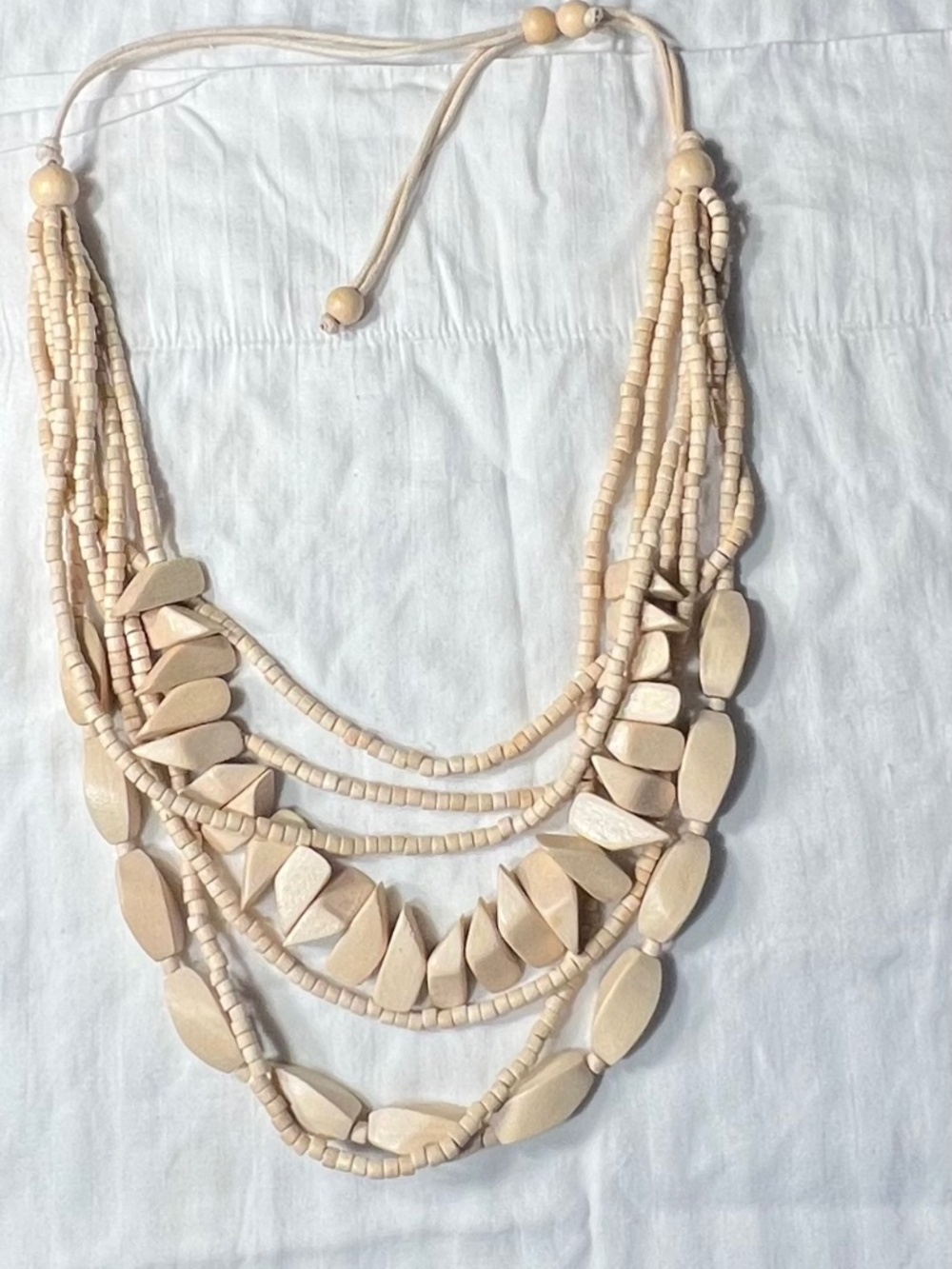 Boho Natural Wood Bead Multi Strand Tiered Statement Necklace Cream Neutral